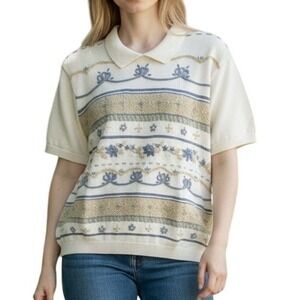 Vintage Y2K Collared Knit Sweater Cream Floral Embroidered Cottage Grandma Sz XL